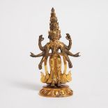 A Gilt Bronze Figure of Eleven-Headed Avalokiteshvara, Tibet, 18th/19th Century, 十八/十九世紀 西藏 铜鎏金八臂十一面