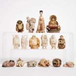 A Group of Sixteen Ivory and Other Miscellaneous Netsuke and Carvings, 牙雕及根付一组十六件, tallest height 3.