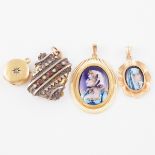 2 x 18k Yellow Gold Pendants And 2 x Gold & Gold-Filled Lockets, set with 2 oval enamel plaques, a s