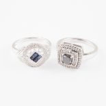 2 x 14k White Gold Rings, set with a princess cut black moissanite, numerous small single and baguet