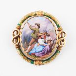 19th Century 14k Yellow Gold Brooch, set with an enameled panel depicting figures in a Swiss Alps sc