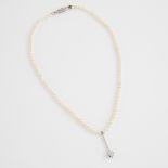 Single Strand Cultured Pearl Necklace, (3.4mm), suspending a 10k white gold bar pendant set with a