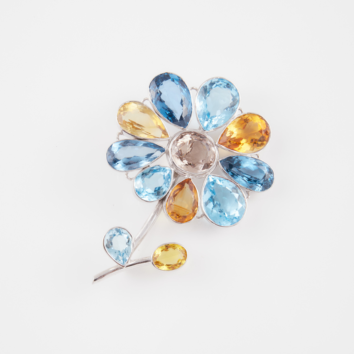 Large 14k White Gold Floral Brooch, bezel set with oval and pear cut blue topaz and citrine