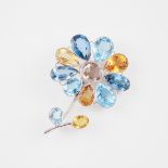 Large 14k White Gold Floral Brooch, bezel set with oval and pear cut blue topaz and citrine