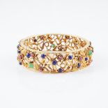 14k Yellow Gold Openwork Hinged Bangle, set with 25 small emerald and lapis cabochons (one emerald c