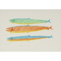 Luke Anguhadluq ᓗᐅᒃ ᐊᒐᓴᓗ (1895-1982), UNTITLED (THREE FISH), coloured pencil drawing, sheet 20.75 x