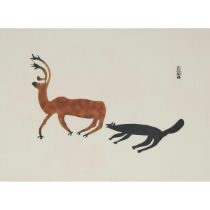 Pudlo Pudlat ᐳᓗ ᐳᓚ (1916-1992), CARIBOU CHASED BY WOLF, CIRCA 1960, sealskin stencil, sheet 19 x 26