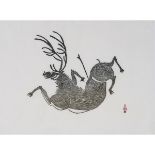 Aqjangajuk Shaa ᐊᔭᒐᔪ ᓴᐊ, RCA (1937-2019), WOUNDED CARIBOU, CIRCA 1960, stonecut, sheet 18 x 24 in —