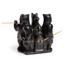 Daniel Simaotik ᓴᐃᒪᐅᑎ (1907-1968), HUNTERS WITH ANIMALS, CIRCA 1950, stone, ivory, wood, 7.25 x 7 x