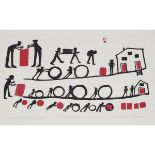 Kiakshuk ᑭᐊᓱ (1886-1966), ESKIMOS ROLLING OIL DRUMS AT SHIPTIME, 1959, stonecut and stencil, sheet 1