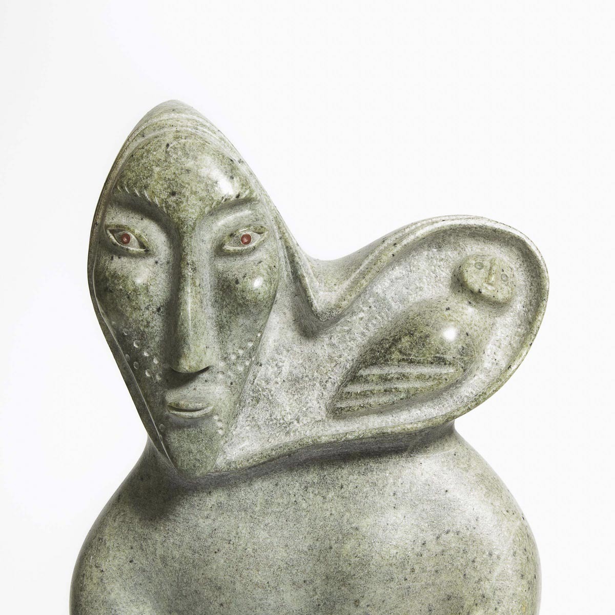 David Ruben Piqtoukun ᑎᕕᑎ ᐱᑐᑯ ᕈᐱᐃᓐ (b. 1950), WOMAN WITH OWL, 2011, stone, catlinite, 19.25 x 17.25 - Image 2 of 6