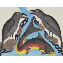 Kenojuak Ashevak ᑭᓄᐊᔭᐊ ᐊᓯᕗ, CC, RCA (1927-2013), UNTITLED (TWO RAVENS WITH FISH), coloured pencil an