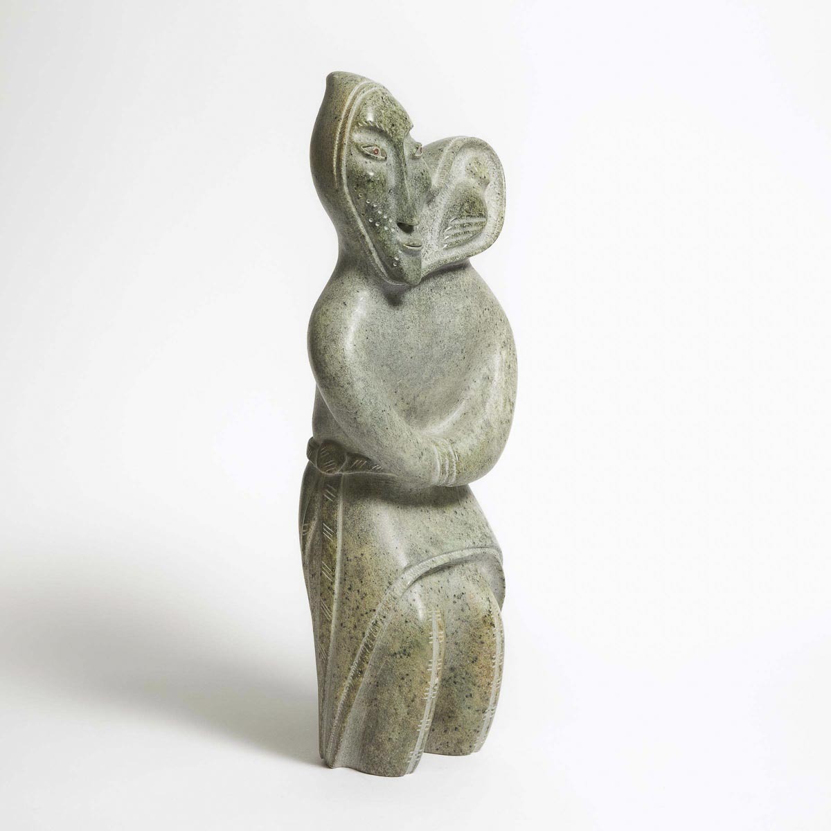 David Ruben Piqtoukun ᑎᕕᑎ ᐱᑐᑯ ᕈᐱᐃᓐ (b. 1950), WOMAN WITH OWL, 2011, stone, catlinite, 19.25 x 17.25 - Image 3 of 6