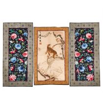 A Pair of Blue-Ground 'Bats and Peonies' Panels, Together With an Embroidered 'Tiger' Panel, 20th Ce