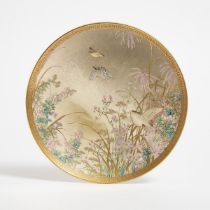 By Kinkozan, A Satsuma 'Sparrows and Flowers' Dish, Meiji Period (1868-1912), 日本 明治时期 锦光山造萨摩烧'麻雀丁香'纹