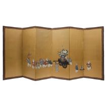 A Japanese Gold-Ground 'Karako and Flower Cart' Six-Panel Floor Screen, Meiji/Taisho Period (1868-19