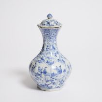 A Blue and White Octagonal Bottle Vase and Cover, Kangxi Period (1662-1722), 清 康熙 青花人物纹八棱瓶, height 9
