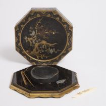 An Octagonal Suzuribako (Writing Box), Together With an Ivory Tool, Meiji Period (1868-1912), box di