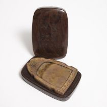An Inkstone With Silver-Inlaid Suanzhi Rosewood Box and Cover, 18th-19th Century, 清中期 琴式砚台带嵌银酸枝盒, le