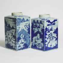 Two Large Blue and White 'Landscape' Tea Canisters, Late 18th Century, 清 十八世纪 青花琮式山水图瓶一组两件, tallest