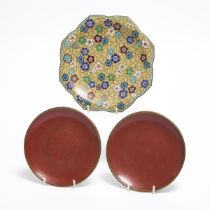 A Pair of Red-Ground Cloisonné Enamel Dishes, Together With a Lobed 'Floral' Dish, Meiji Period (186