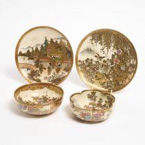 A Group of Four Satsuma Dishes and Bowls, Signed Yasui, Meiji-Taisho Period (1868-1926), largest dia