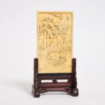 An Ivory 'Landscape and Calligraphy' Table Screen, Republican Period (1912-1949), 民国 牙雕’山水秋屯’案屏, scr