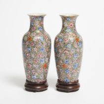 A Pair of Small 'Millefleur' Eggshell Porcelain Vases, Republican Period (1912-1949), 民国 粉彩'百花不落地'薄胎