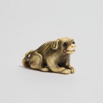 An Ivory Netsuke of a Puppy, Signed Tadamune, Early 19th Century, length 1.7 in — 4.3 cm