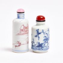 Two Blue and White and Copper-Red Snuff Bottles, Yongzheng Mark, 18th Century, 清 十八世纪 雍正款青花釉里红烟壶一组两件