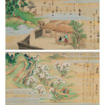 Tosa School, Two Landscape Paintings with Figures and Calligraphy, 日本 土佐派 山水画及书法一组两件 镜框, frame 21.5