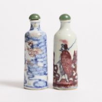 Two Copper-Red Blue and White 'Dragon' and 'Fisherman' Snuff Bottles, 19th Century, 青花釉里红烟壶一组两件, hei