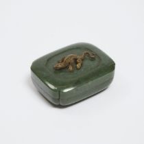A Small Spinach Jade Quatrelobed Incense Box and Cover, 19th Century, 清 十九世纪 碧玉倭角香盒, length 2.2 in —