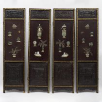 A Jade-Inlaid 'Hundred Antiques' Hardwood Four-Panel Screen, 19th Century, 清 十九世纪 硬木嵌玉雕'博古图'四扇屏风, ea