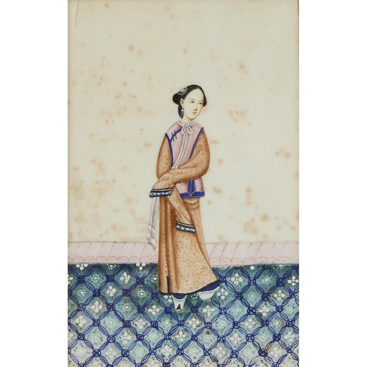 A Large Chinese Pith Painting of a Lady, 19th Century, 清 十九世纪 通草画仕女像 镜框, image 11 x 6.9 in — 28 x 17