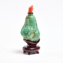 A Carved Turquoise Cabbage-Form Snuff Bottle, 19th Century, 清 十九世纪 绿松石雕白菜型烟壶, length 3.1 in — 7.8 cm
