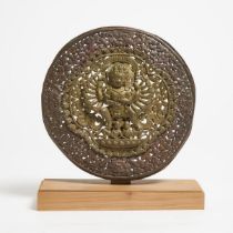 A Nepalese Copper and Bronze Repoussé Roundel of Mahakala, 18th Century, 尼泊尔 十八世纪 铜锤堞大黑天, diameter 7