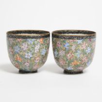 A Pair of 'Millefleur' Eggshell Porcelain Cups, Republican Period (1912-1949), 民国 粉彩'百花不落地'薄胎瓷杯一对 '乾