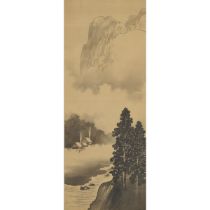 A Japanese Landscape Painting, 19th/20th Century, 日本 明治晚期 风景画, frame 52.9 x 21.8 in — 134.3 x 55.4 c