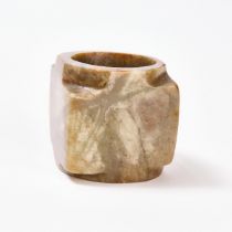 A Celadon and Russet Jade Cong, Qijia Culture, 2200-1600 BC, 齐家文化(公元前2200-1600年) 青黄玉琮, height 2.5 in