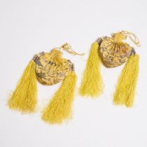 A Pair of Imperial Gold-Thread Embroidered Yellow Silk Perfume Pouches, Xiangnang, 19th Century, 清 十