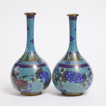 A Pair of Cloisonné Enamel 'Floral' Bottle Vases, 19th/20th Century, 晚清/民国 铜胎掐丝珐琅瓶一对, height 9.8 in