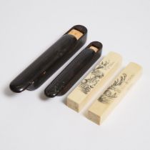 Four Chinese Ivory Seals With Two Horn Boxes, Mid 20th Century, 二十世纪中期 牙及角雕印章一组四枚, longest length 5