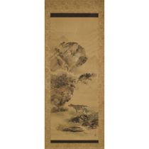 A Japanese Painting of a Man Washing his Horse, 19th Century, 日本 明治时期 洗马图 设色绢本, frame 53 x 22.7 in —