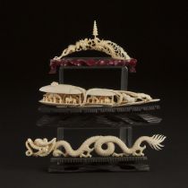 An Ivory 'Landscape' Clam Shell, Together With a 'Dragon and Phoenix' Group and a Dragon Carving, Ea