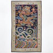A Blue-Ground Embroidered Silk 'Dragon' Panel, Early 19th Century, 清 十九世纪 蓝地五爪龙纹绣片, 36.7 x 21.7 in —