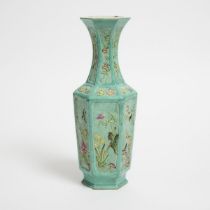 A Moulded Famille Verte Biscuit Porcelain Hexagonal Vase, 19th Century, 清 十九世纪 五彩六棱瓶, height 13.5 in