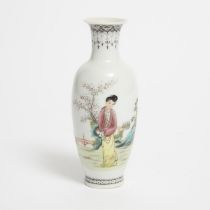 A Small Enameled 'Lady' Eggshell Porcelain Vase, Republican Period (1912-1949), 民国 粉彩'春园仕女'图瓶 '江西珍品'