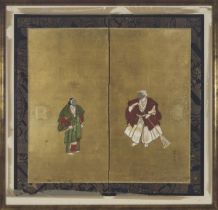 A Small Japanese 'Takasago' Two-Panel Screen, Meiji/Taisho Period (1868-1926), frame 32.7 x 33.9 in