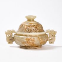 A Well-Reticulated Pale Celadon and Russet Jade Archaistic 'Gui-Form' Censer and Cover, 18th Century